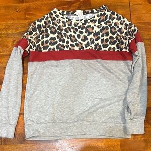7th Ray Leopard Print and Gray Top with Red Accents